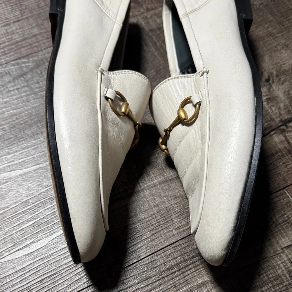 Gucci Brixton Horsebit White Leather Loafers with Gold Hardware - Picture 6 of 14